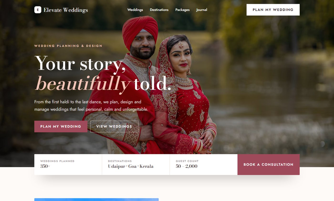 Elevate Weddings sample website